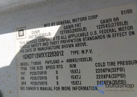 2000 Chevrolet Blazer Lt from USA, damaged, VIN 1GNDT13WXY2263912